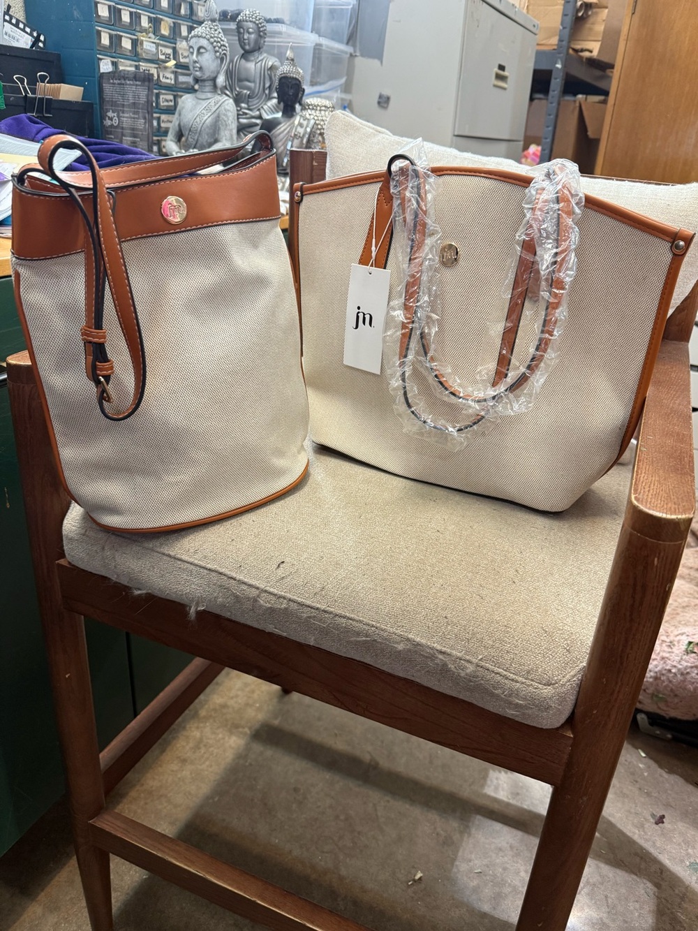 JN Cream Canvas Tote with Leather Straps and Matching Bucket Bag